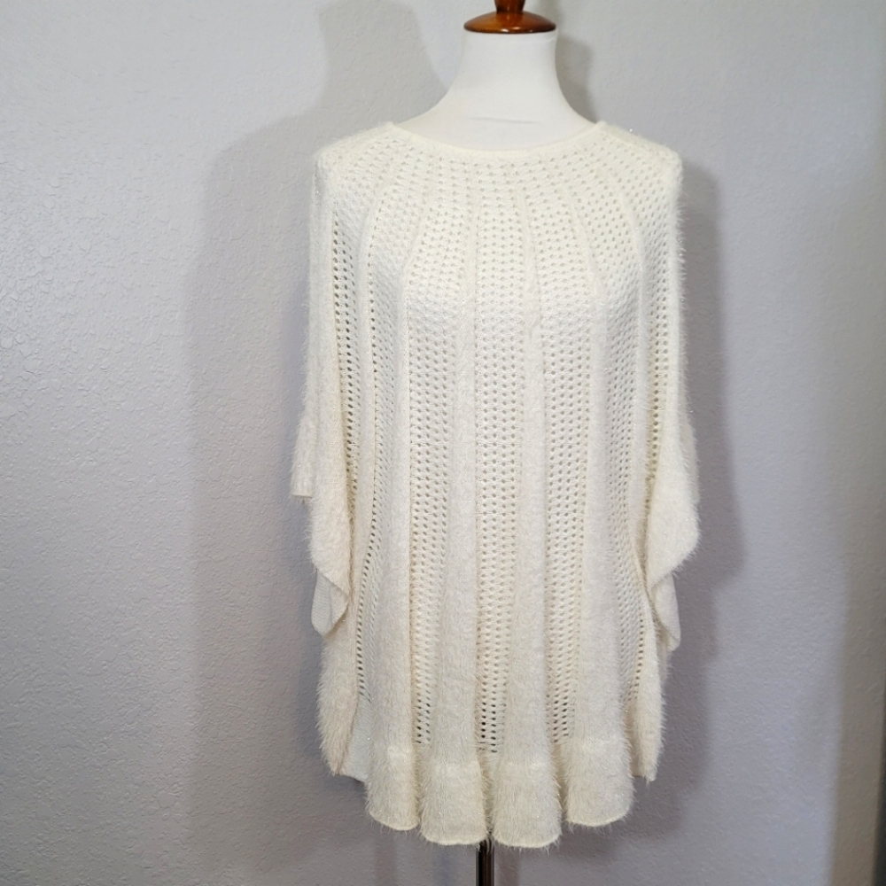 Investments Cream Fuzzy Sparkle Popover Poncho Style Round Neck  Sweater PL